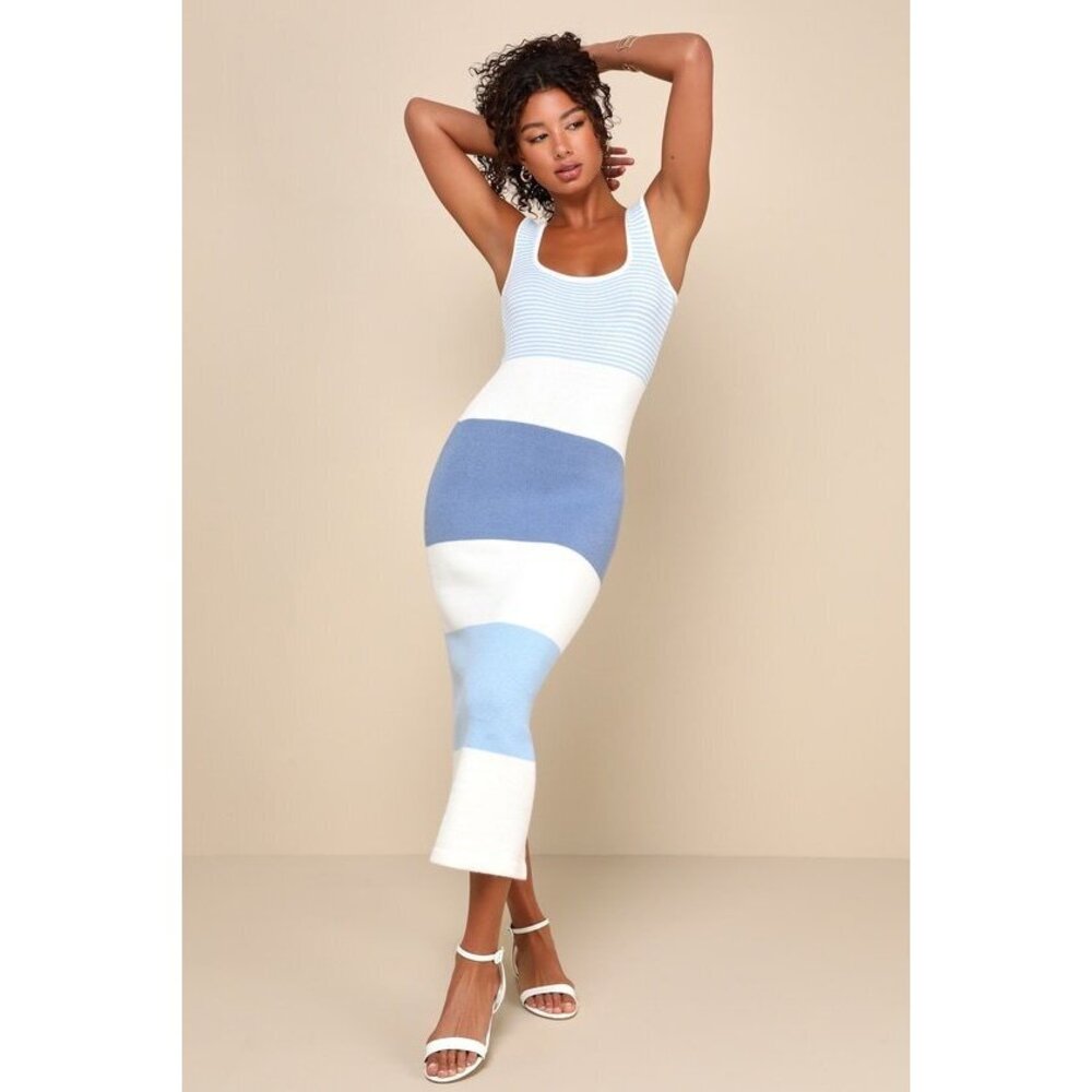 Lulus Easily Gorgeous Ivory And Light Blue Striped Midi Sweater Dress White